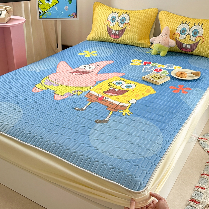 91家纺网 家纺一手货源 找家纺 金爱家 2025新款海绵宝宝乳胶凉席床笠款凉席席子 凉席床笠款-蓝蓝海绵宝宝