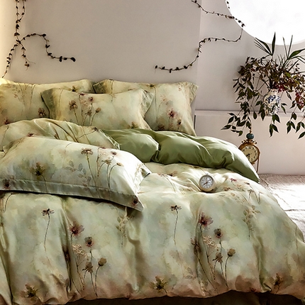 91家纺网 家纺一手货源 找家纺 未来家居 2025春夏新款100支莱赛尔天丝贡缎纯色印花系列高端礼盒四件套 柔澜