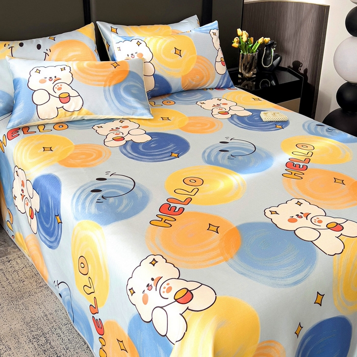 91家纺网 家纺一手货源 找家纺 纽缦家纺 2025新款印花冰丝防滑床单 活力青春蓝