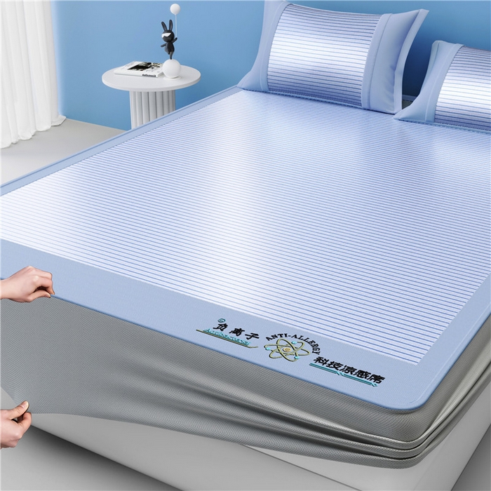 91家纺网 家纺一手货源 找家纺 悠米悠家 2025新款负离子+抗菌系列凉席床笠三件套 负离子蓝色