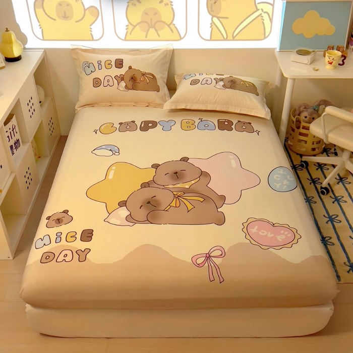 91家纺网 家纺一手货源 找家纺 浩诚2025新款卡皮巴拉原创IP全棉大版单床笠单枕套-有作品登记证书 睡梦巴拉