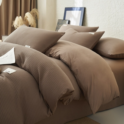 91家纺网 家纺一手货源 找家纺 寐绸家纺 2025新款纯棉华夫格四件套 华夫格四件套-烟灰棕