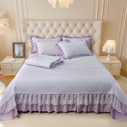 梦柏 2025新款韩版双层纱夹棉绗缝床盖夏被四件套 清风