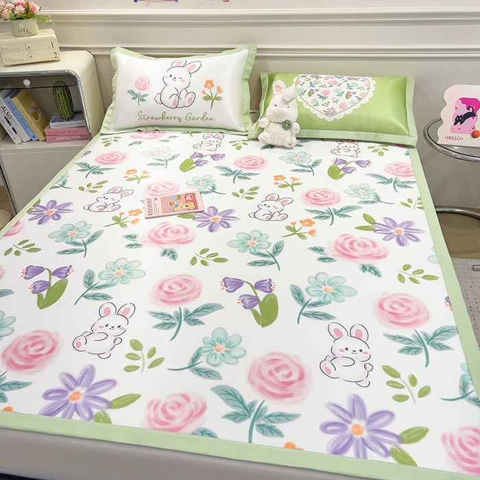 91家纺网 家纺一手货源 找家纺 摩妮卡 2025小清新数码冰丝席 碳光席三件套 缤纷兔语