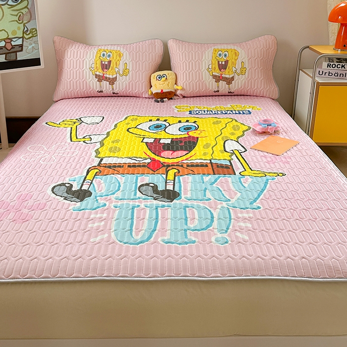 91家纺网 家纺一手货源 找家纺 金爱家 2025新款海绵宝宝乳胶凉席床笠款凉席席子 凉席床笠款-爱喝海绵宝宝粉