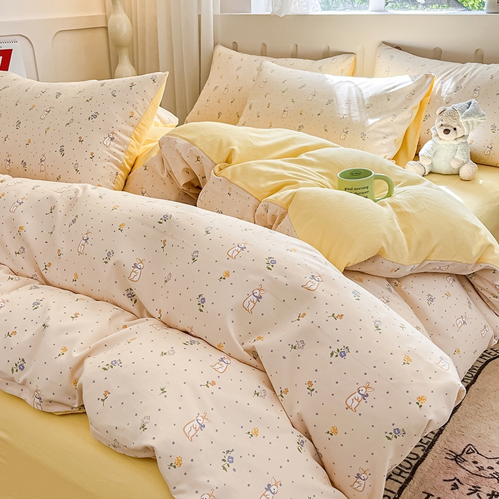 91家纺网 家纺一手货源 找家纺 玖明2025新款A类加厚柔软针织棉双层纱四件套 兔梦花开