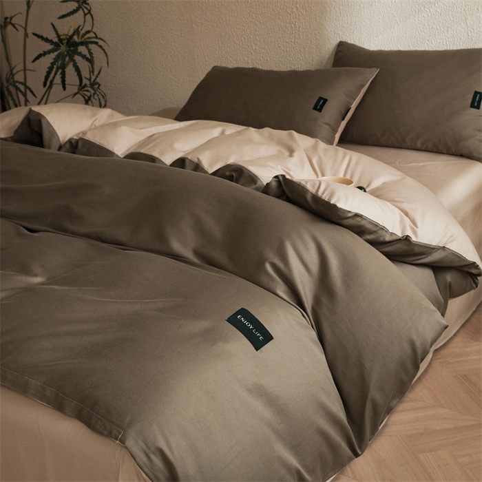 91家纺网 家纺一手货源 找家纺 启程2025新款全棉纯色双拼无印风四件套 岩石灰+杏仁