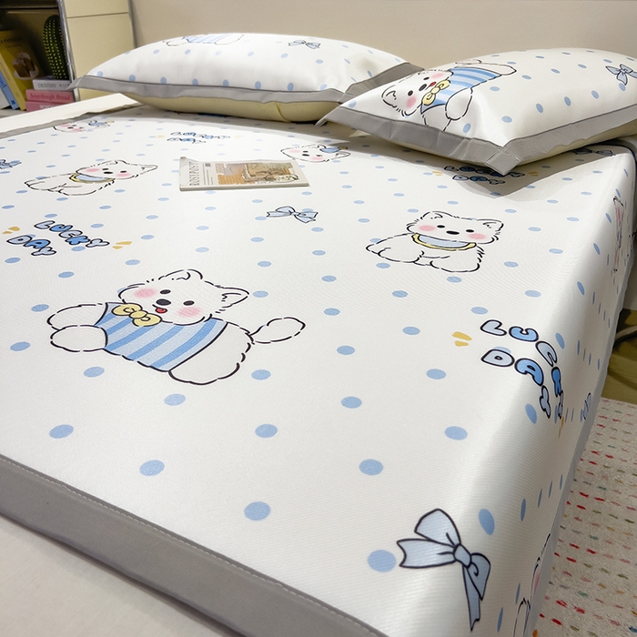 91家纺网 家纺一手货源 找家纺 摩妮卡 2025小清新数码冰丝席 碳光席三件套 蓝点萌犬