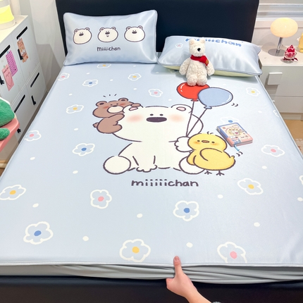 暮思家居 2025新款正版miiiiichan可爱卡通大版数码印花A类1200D冰丝凉席三件套平铺床笠 熊仔派对