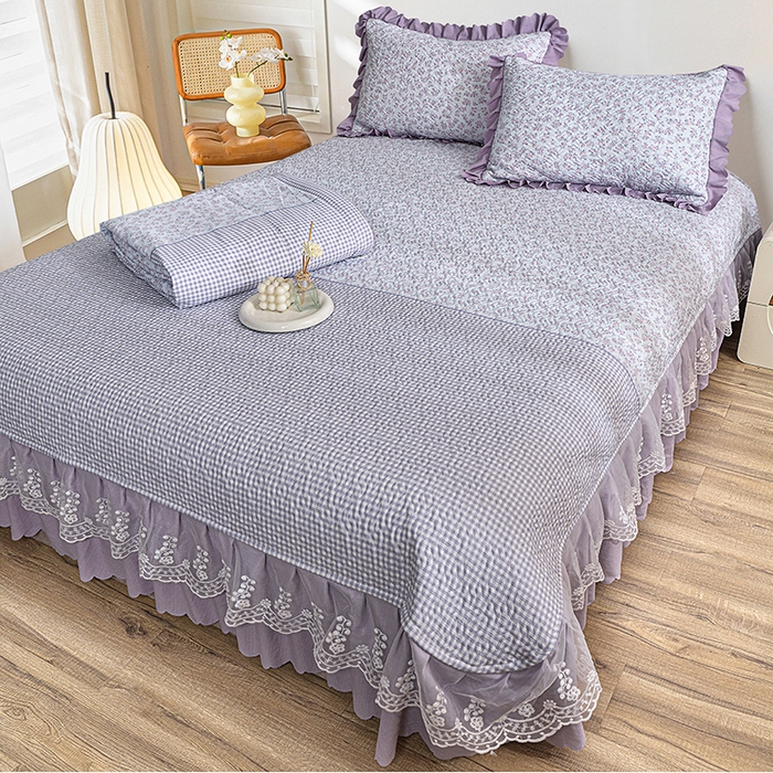 91家纺网 家纺一手货源 找家纺 梦柏 2025新款韩版双层纱夹棉绗缝床盖夏被四件套 清风