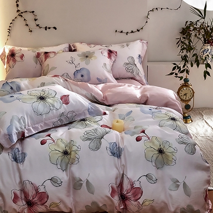 未来家居 2025春夏新款100支莱赛尔天丝贡缎纯色印花系列高端礼盒四件套 沁柔