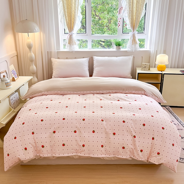 91家纺网 家纺一手货源 找家纺 玖明2025新款A类加厚柔软针织棉双层纱四件套 草莓星愿