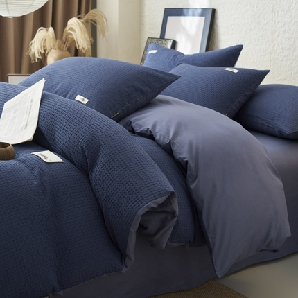 91家纺网 家纺一手货源 找家纺 寐绸家纺 2025新款纯棉华夫格四件套 华夫格四件套-牛仔蓝