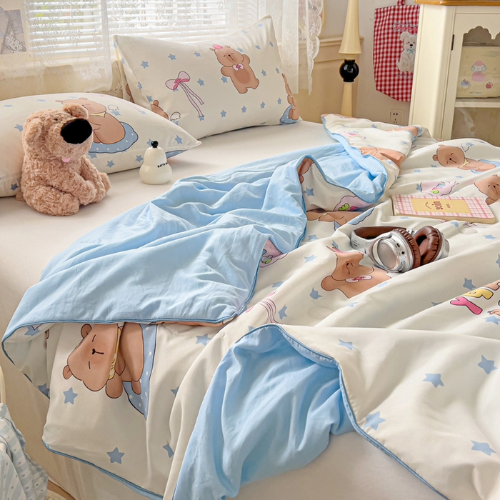 91家纺网 家纺一手货源 找家纺 2025春夏新款嵌绳款云柔水洗棉单夏被夏凉被空调被 嵌绳夏被-星星卡皮