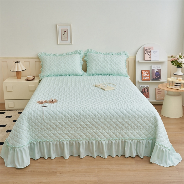 91家纺网 家纺一手货源 找家纺 恒爱家纺 2025新款针织棉立体扶桑花夏被床盖四件套 淡海蓝