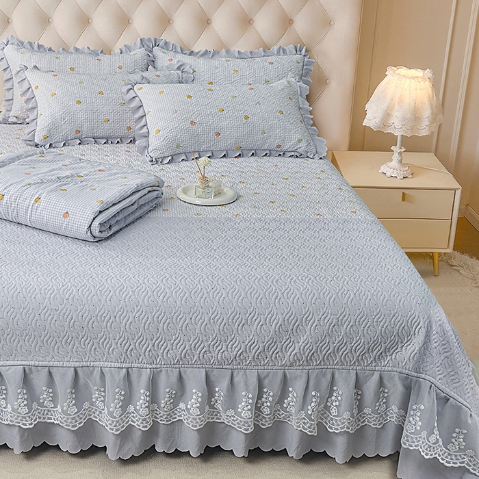 91家纺网 家纺一手货源 找家纺 梦柏 2025新款韩版双层纱夹棉绗缝床盖夏被四件套 南瓜派对