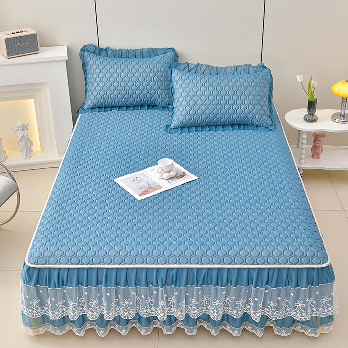 91家纺网 家纺一手货源 找家纺 民新家纺 2025新款凉感丝床裙乳胶凉席系列 唯美-海天蓝