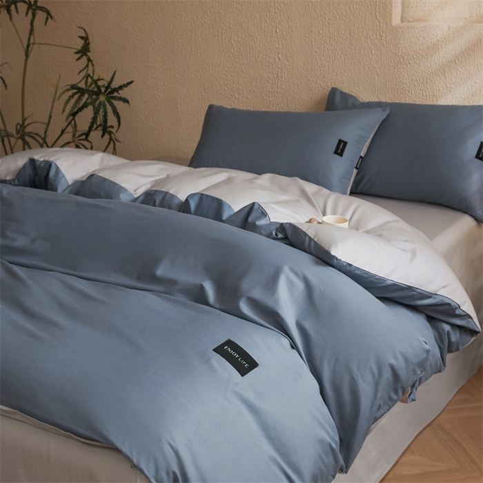 91家纺网 家纺一手货源 找家纺 启程2025新款全棉纯色双拼无印风四件套 牛仔蓝+绅士灰