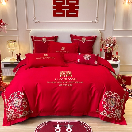 91家纺网 家纺一手货源 找家纺 （总）富之雅婚庆 2025新款亲肤棉磨毛刺绣婚庆四件套多件套