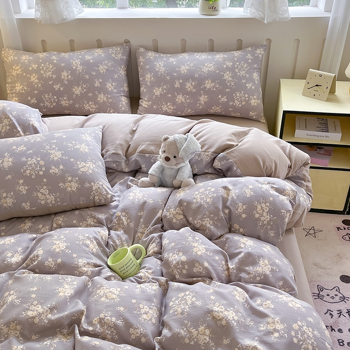 91家纺网 家纺一手货源 找家纺 玖明2025新款A类加厚柔软针织棉双层纱四件套 花影