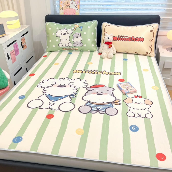 91家纺网 家纺一手货源 找家纺 （总）暮思家居 2025新款正版miiiiichan可爱卡通大版数码印花A类1200D冰丝凉席三件套平铺床笠