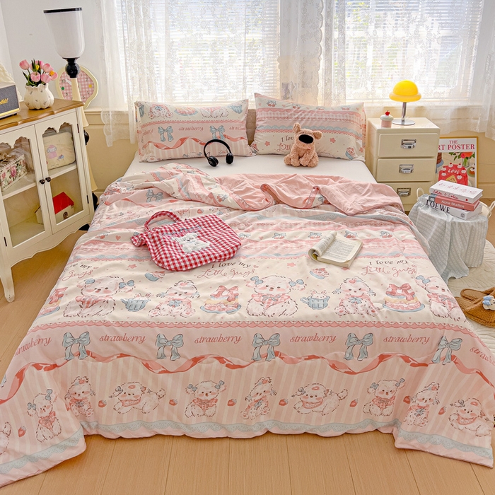 91家纺网 家纺一手货源 找家纺 2025春夏新款嵌绳款云柔水洗棉单夏被夏凉被空调被 嵌绳夏被-甜品可爱狗