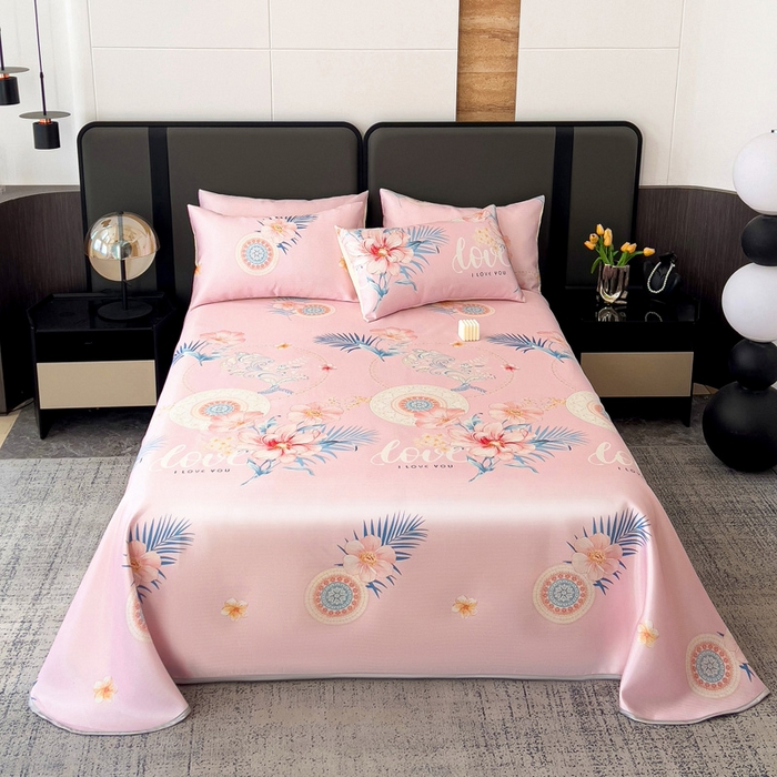 91家纺网 家纺一手货源 找家纺 纽缦家纺 2025新款印花冰丝防滑床单 春色