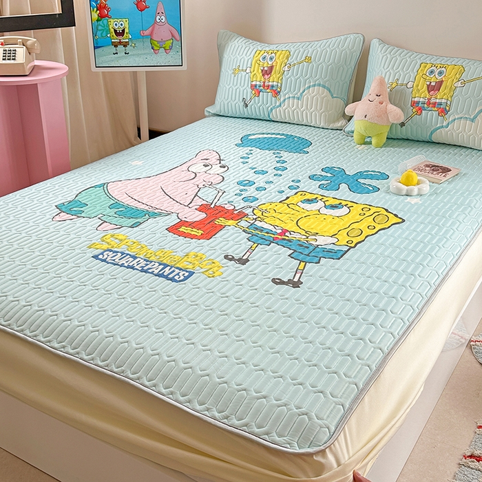 91家纺网 家纺一手货源 找家纺 金爱家 2025新款海绵宝宝乳胶凉席床笠款凉席席子 凉席床笠款-泡泡海绵宝宝