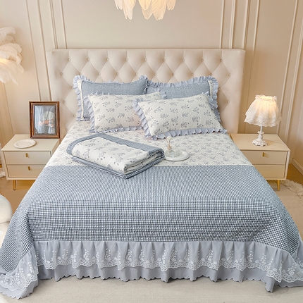 91家纺网 家纺一手货源 找家纺 （总）梦柏 2025新款韩版双层纱夹棉绗缝床盖夏被四件套