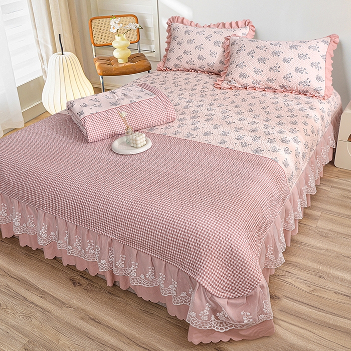 91家纺网 家纺一手货源 找家纺 梦柏 2025新款韩版双层纱夹棉绗缝床盖夏被四件套 春意