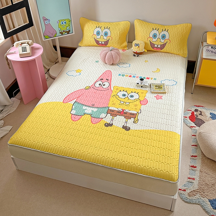 91家纺网 家纺一手货源 找家纺 金爱家 2025新款海绵宝宝乳胶凉席床笠款凉席席子 凉席床笠款-伙伴海绵宝宝