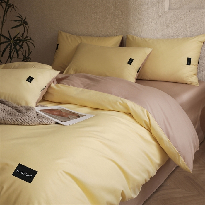 91家纺网 家纺一手货源 找家纺 启程2025新款全棉纯色双拼无印风四件套 奶昔黄+杏仁