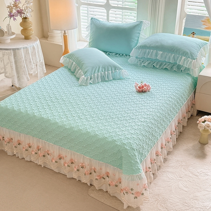 91家纺网 家纺一手货源 找家纺 大麦家纺2025新款年新款亲肤花边款床盖四件套  甜心小姐-梵星蓝