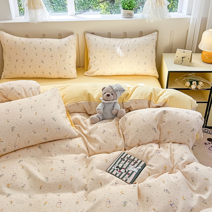 91家纺网 家纺一手货源 找家纺 玖明2025新款A类加厚柔软针织棉双层纱四件套 兔梦花开