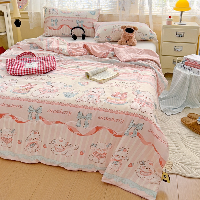 91家纺网 家纺一手货源 找家纺 2025春夏新款嵌绳款云柔水洗棉单夏被夏凉被空调被 嵌绳夏被-甜品可爱狗