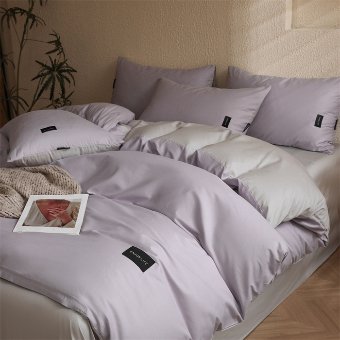 91家纺网 家纺一手货源 找家纺 启程2025新款全棉纯色双拼无印风四件套 水晶紫+绅士灰