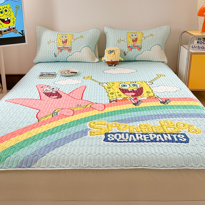 91家纺网 家纺一手货源 找家纺 金爱家 2025新款海绵宝宝乳胶凉席床笠款凉席席子 凉席床笠款-彩虹海绵宝宝