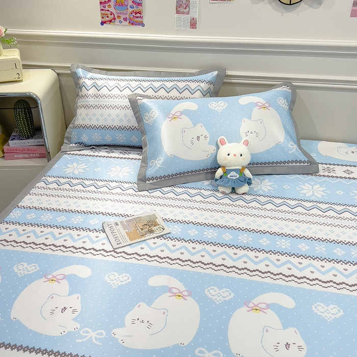 91家纺网 家纺一手货源 找家纺 摩妮卡 2025小清新数码冰丝席 碳光席三件套 蓝调喵影