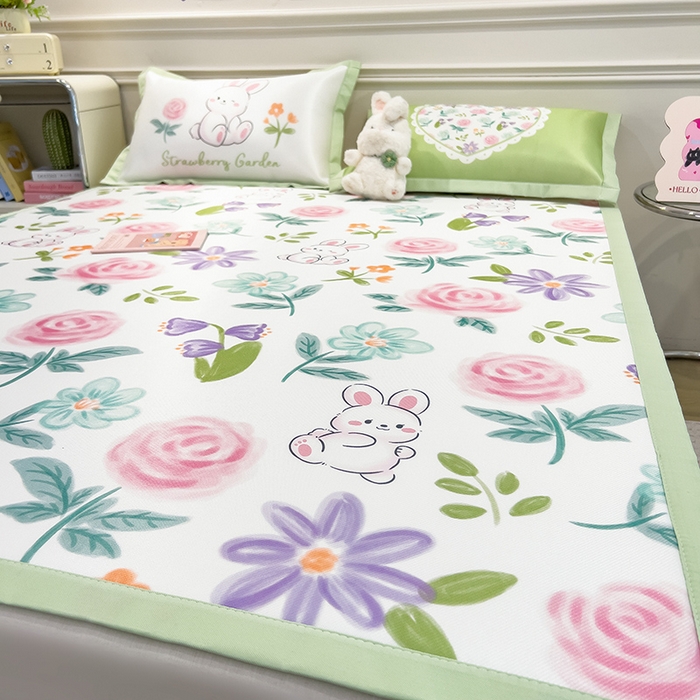 91家纺网 家纺一手货源 找家纺 摩妮卡 2025小清新数码冰丝席 碳光席三件套 缤纷兔语