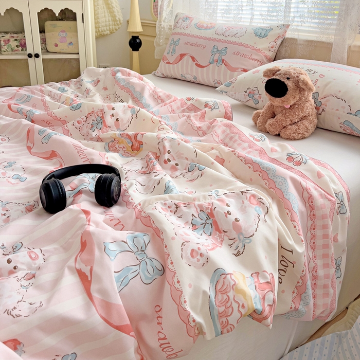 91家纺网 家纺一手货源 找家纺 2025春夏新款嵌绳款云柔水洗棉单夏被夏凉被空调被 嵌绳夏被-甜品可爱狗