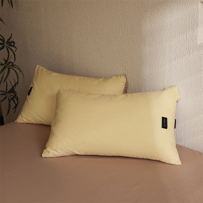 91家纺网 家纺一手货源 找家纺 启程2025新款全棉纯色双拼无印风四件套 奶昔黄+杏仁