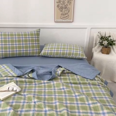 91家纺网 家纺一手货源 找家纺 鸣升家纺 2025新款100%里外全棉棉花夏被无印风全棉色织水洗棉夏凉被空调被夏被春秋被单人可机洗 初时绿