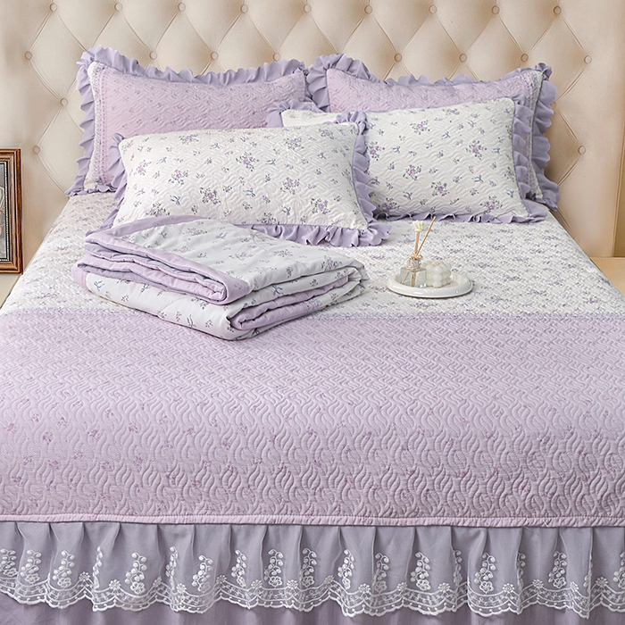 91家纺网 家纺一手货源 找家纺 梦柏 2025新款韩版双层纱夹棉绗缝床盖夏被四件套 花溪