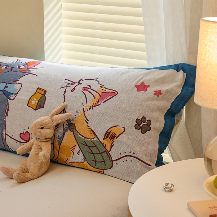 91家纺网 家纺一手货源 找家纺 雯雨2025新款A类卡通双人纱布枕套 呆萌小猫