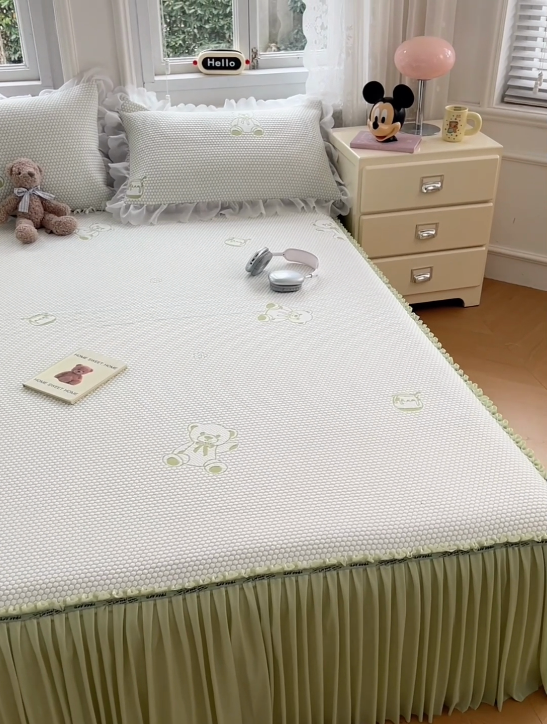 91家纺网 家纺一手货源 找家纺 梦舒羽 2025春夏新款冰豆豆花边单人单枕套枕套单件 冰豆豆-小熊绿