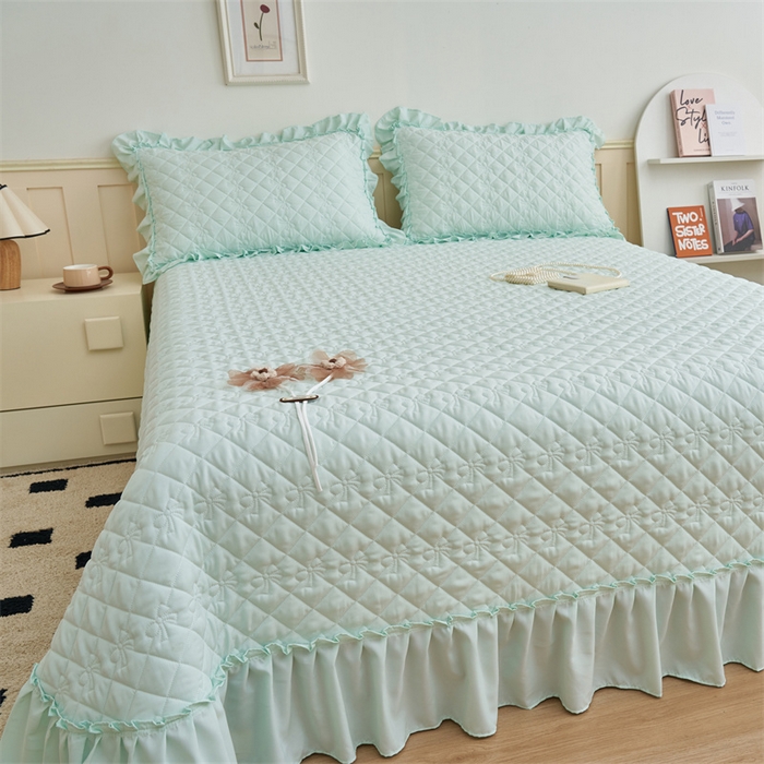 91家纺网 家纺一手货源 找家纺 恒爱家纺 2025新款针织棉立体扶桑花夏被床盖四件套 淡海蓝