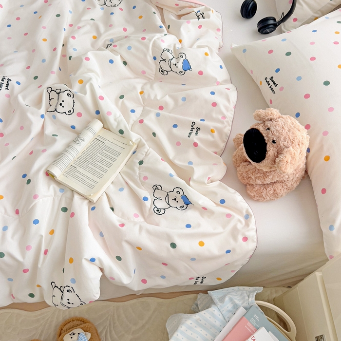 91家纺网 家纺一手货源 找家纺 2025春夏新款嵌绳款云柔水洗棉单夏被夏凉被空调被 嵌绳夏被-彩色波点熊