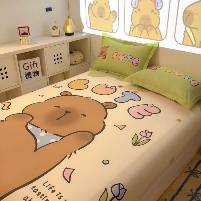 91家纺网 家纺一手货源 找家纺 浩诚2025新款卡皮巴拉原创IP全棉大版单床笠单枕套-有作品登记证书 水豚巴拉