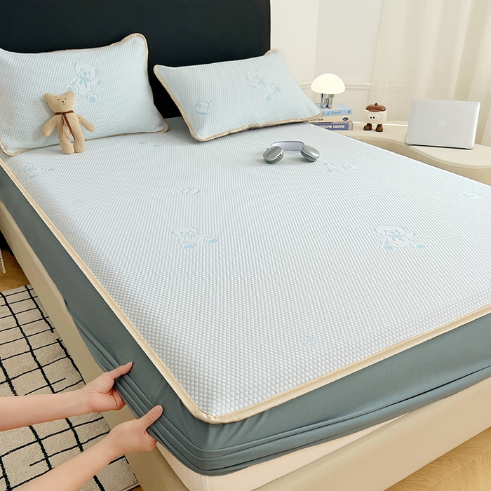 91家纺网 家纺一手货源 找家纺 梦舒羽 2025新款凉豆豆凉席-床笠款 凉豆豆-小熊蓝