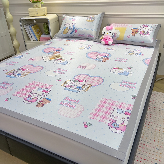 91家纺网 家纺一手货源 找家纺 摩妮卡 2025小清新数码冰丝席 碳光席三件套 凯蒂甜心